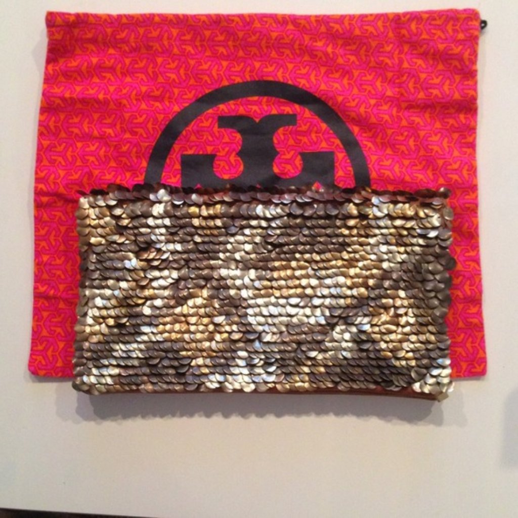 Tory Burch Fish Scale Mixed Metal Foldover Clutch On Sale!